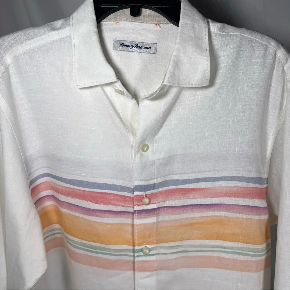 Tommy Bahama Men's Stripe-Print Long Sleeve Linen Shirt White Medium‎ Beach